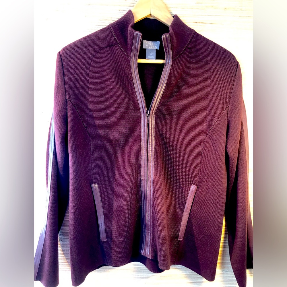 SIGRID OLSEN sz M Petite sweater jacket Silk with 1/4 cotton and leather detail